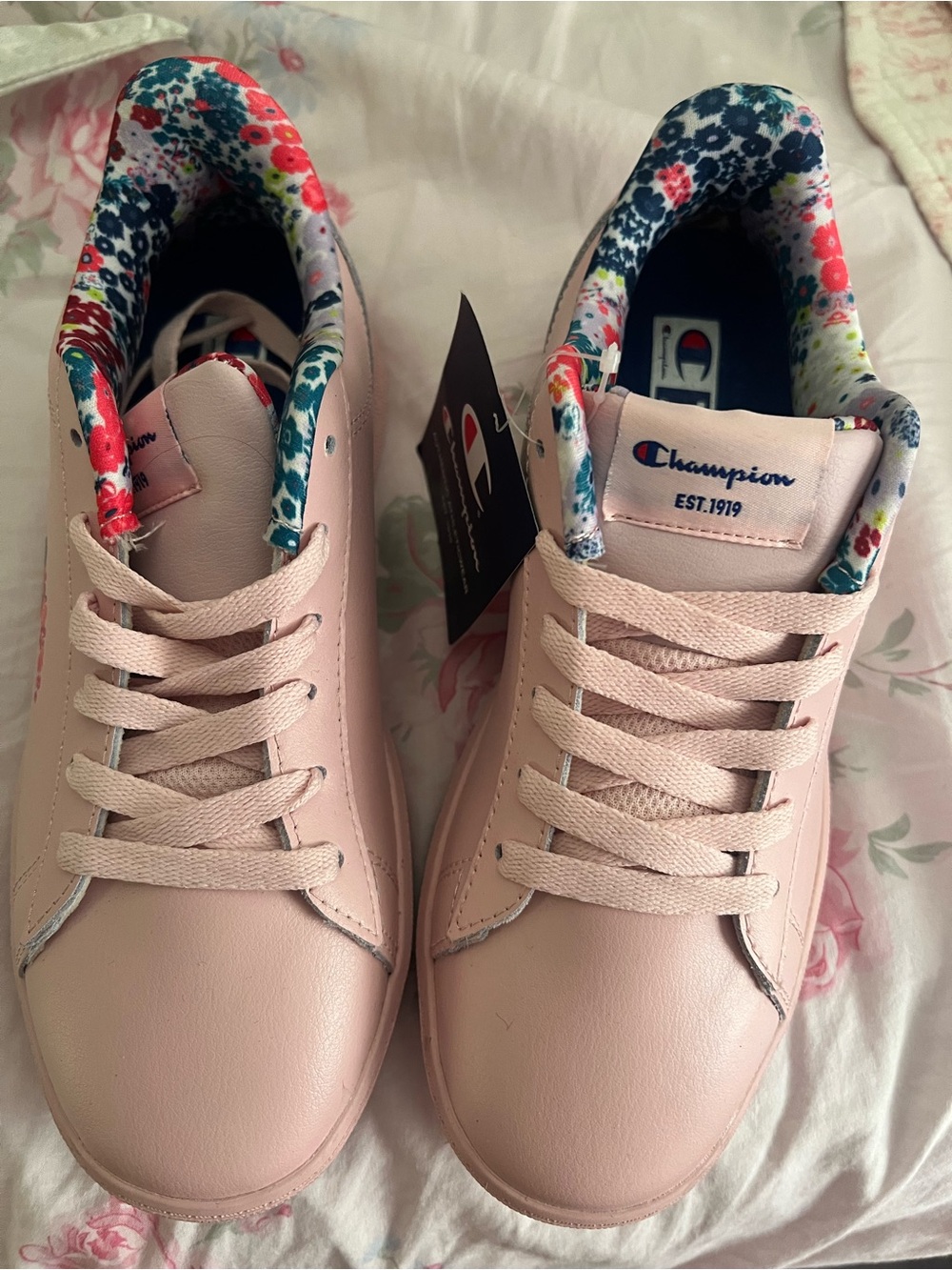 Champion Pink Low-Top Sneakers with Floral Collar